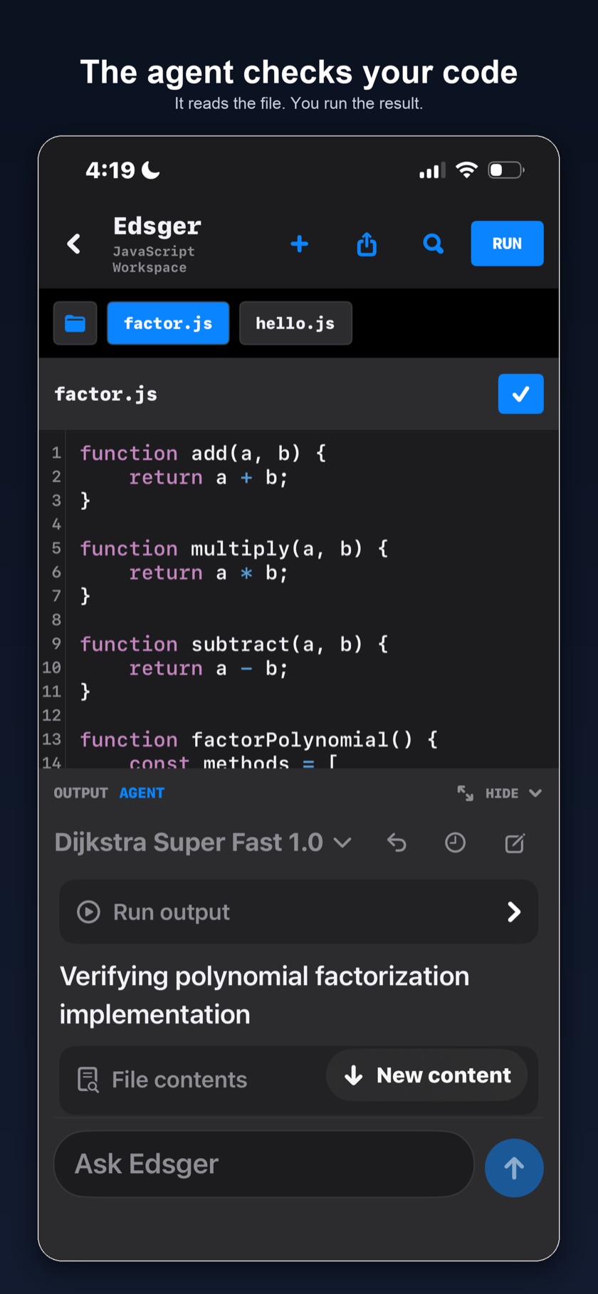 Edsger agent in the editor beside the Run button, reading a JavaScript file.