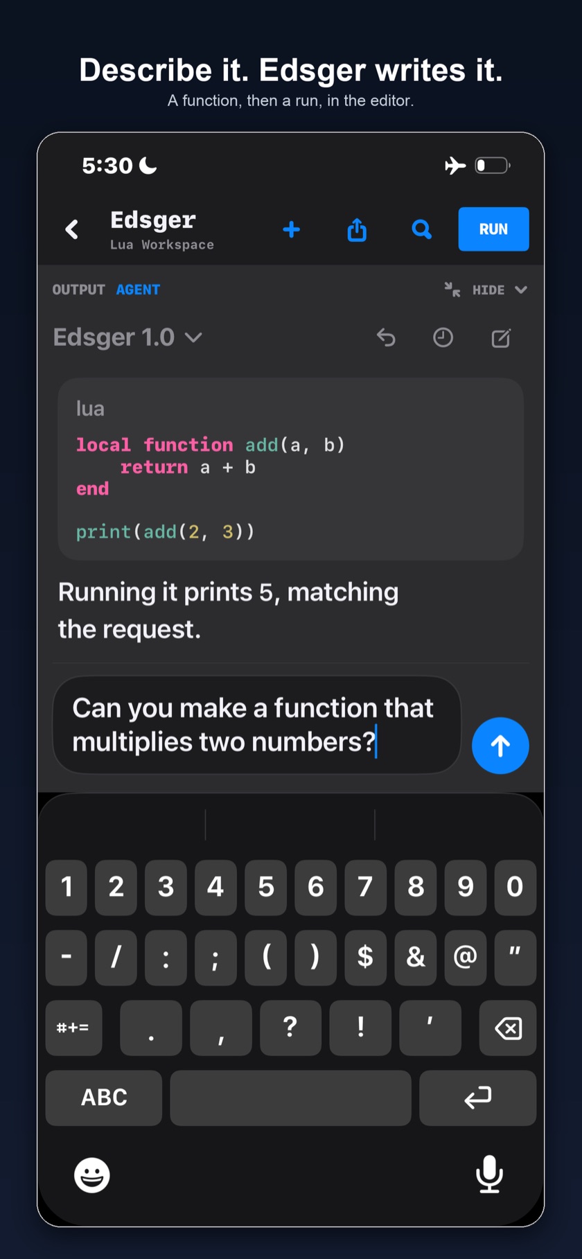 Edsger editor with the Run button, showing a Lua function.