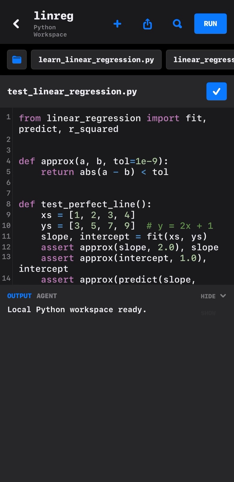 Edsger Python editor showing a linear regression test file and output console