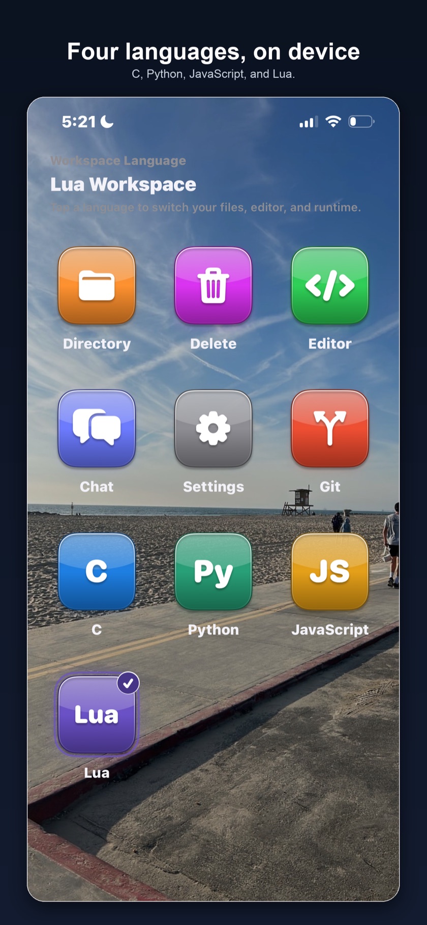 Edsger home screen with C, Python, JavaScript, and Lua.